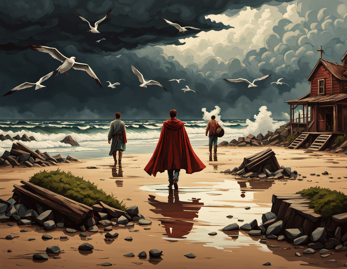 Teens Play Baseball on Beach Amidst Ruins, Oil Painting