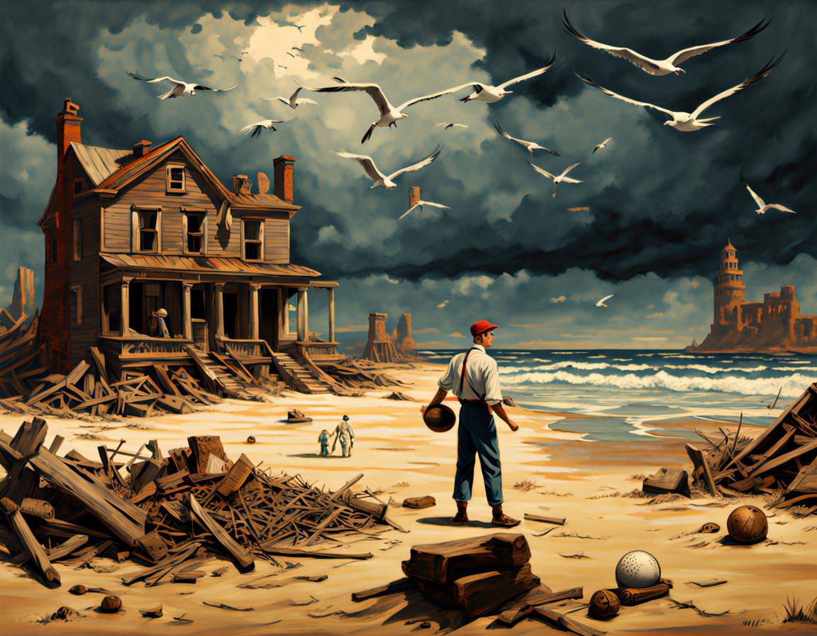 Boys Play Baseball Amidst Beach Ruins in Nostalgic Americana...