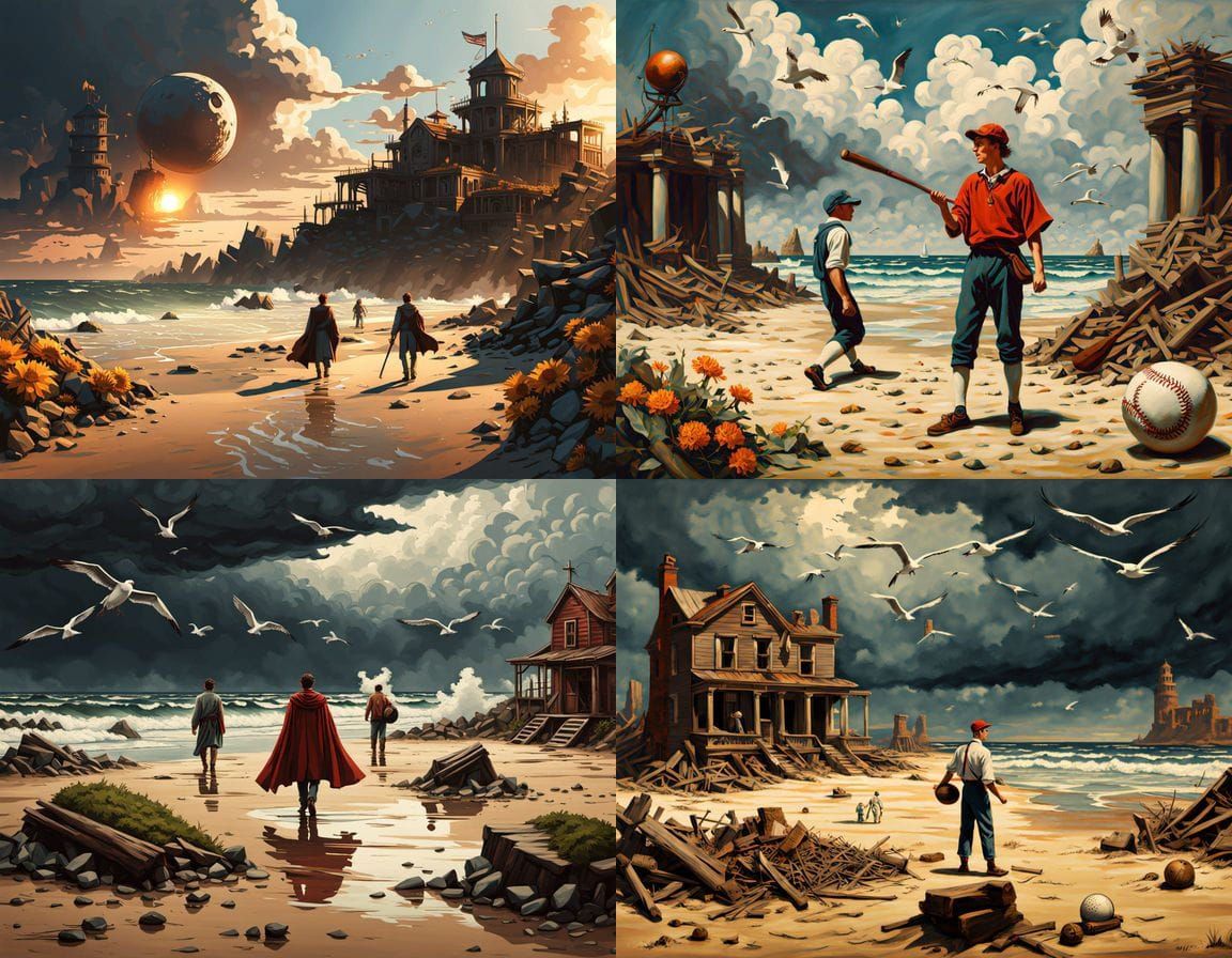 Teenage Boys Play Baseball on Beach in Rockwell Style