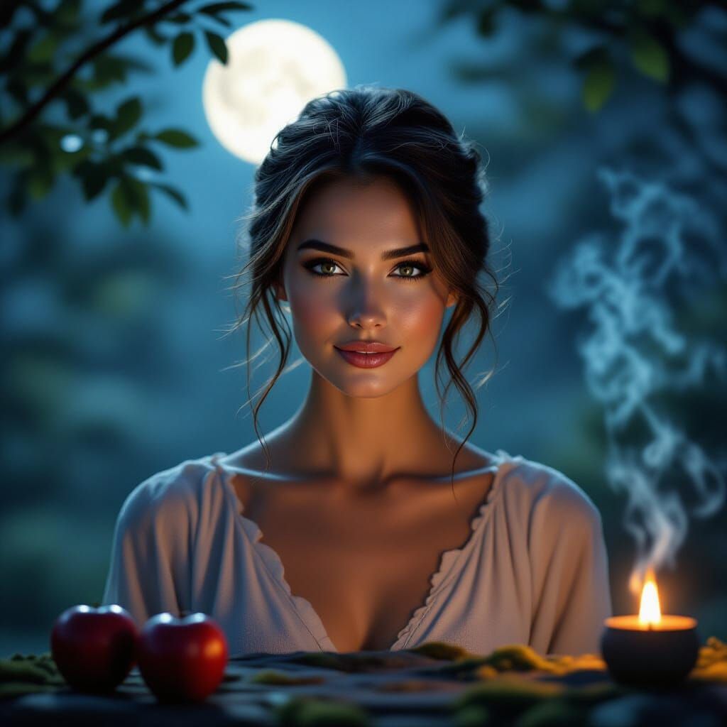 Cinematic Portrait of Woman in Moonlit Grove
