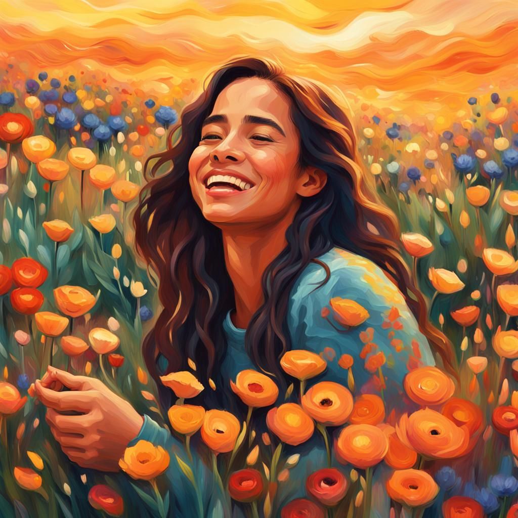 Woman in Flower Field, Van Gogh-Inspired Digital Art