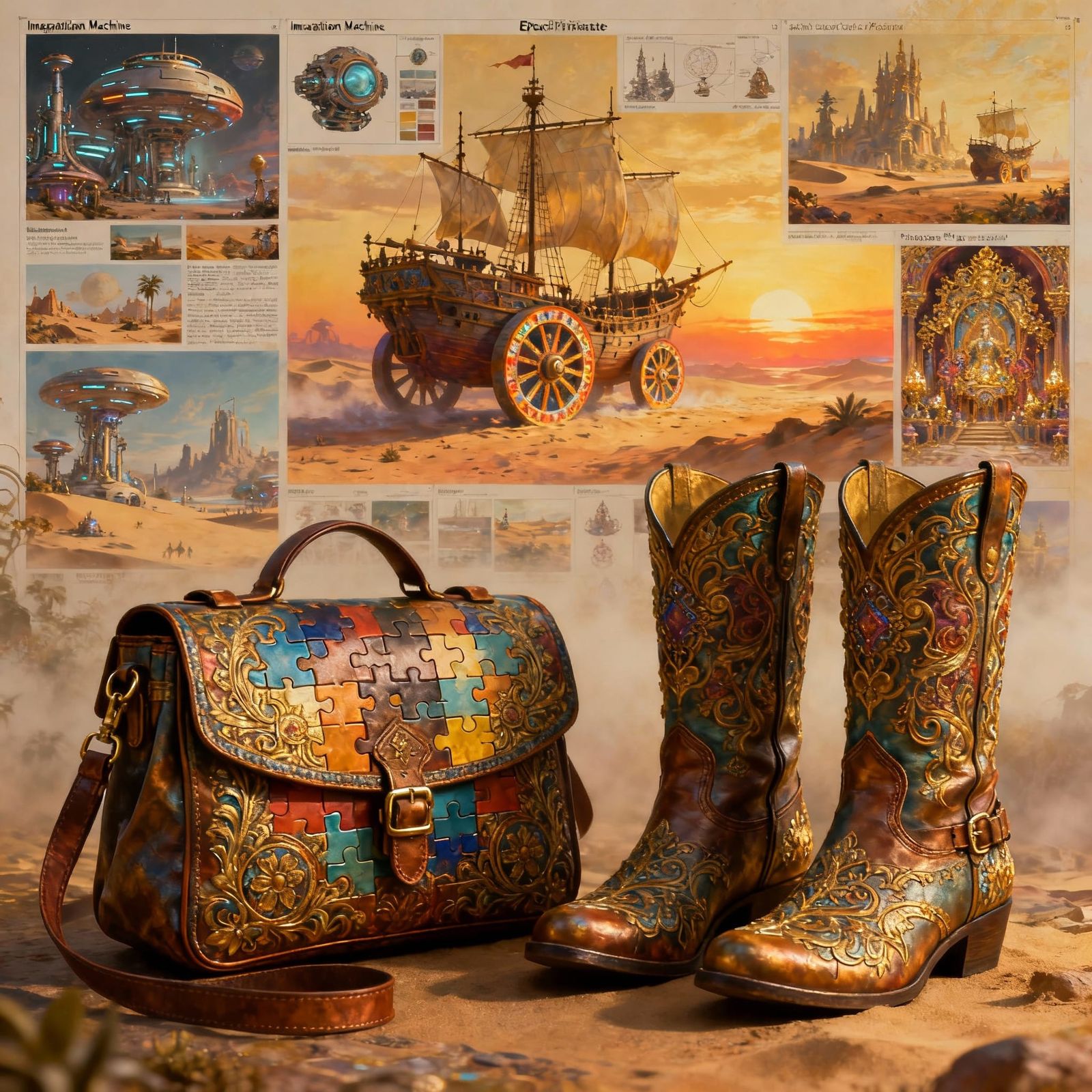 Futuristic Puzzle Boots and Bag in Desert Sunset
