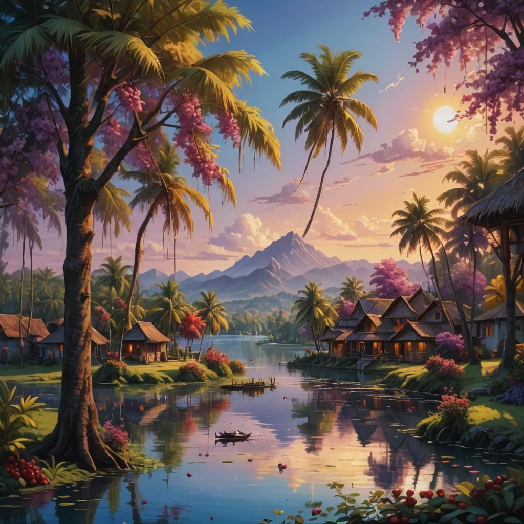 Serene Lakeside Village in Vibrant Oil Painting Style