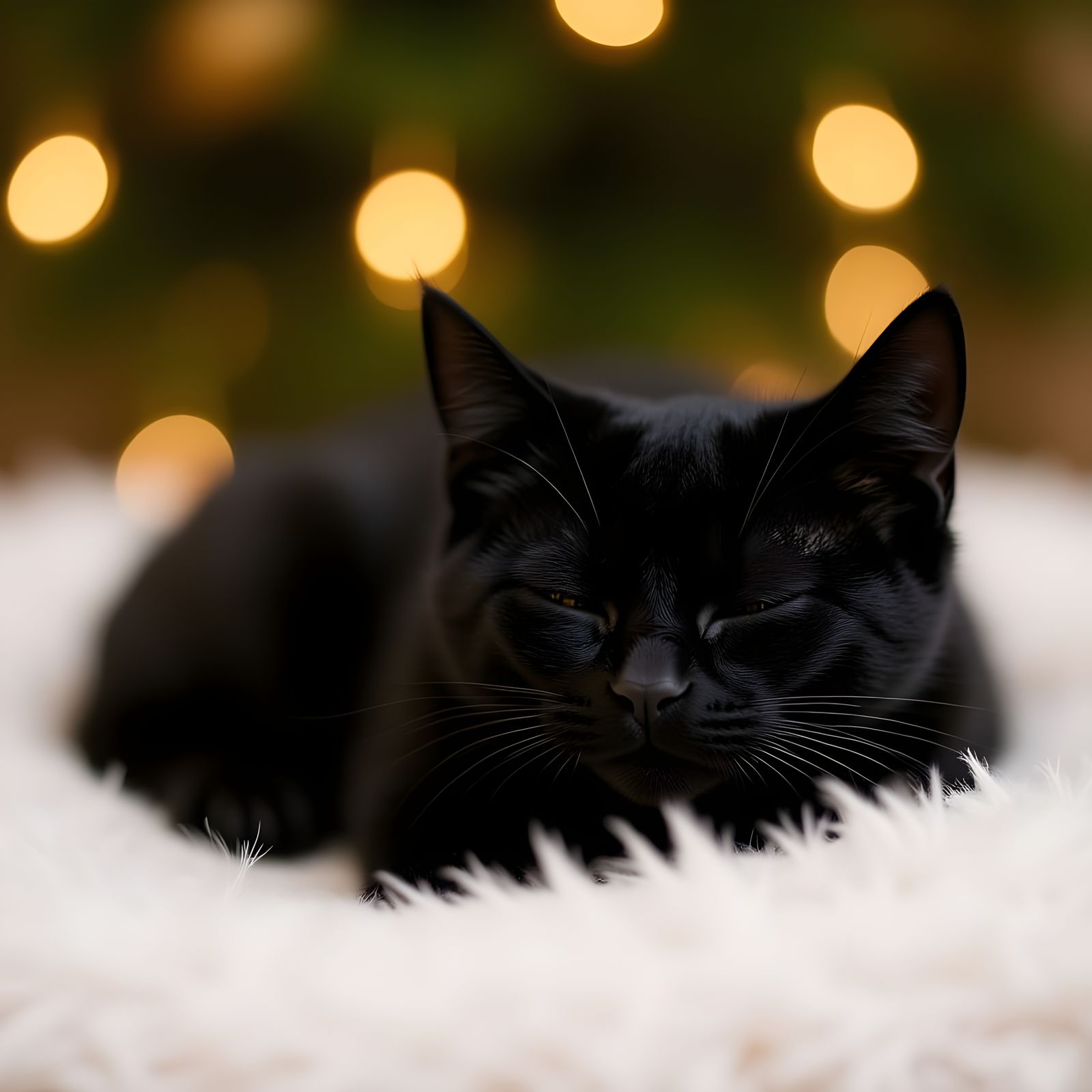 Photorealistic Sleeping Black Kitten on White Blanket