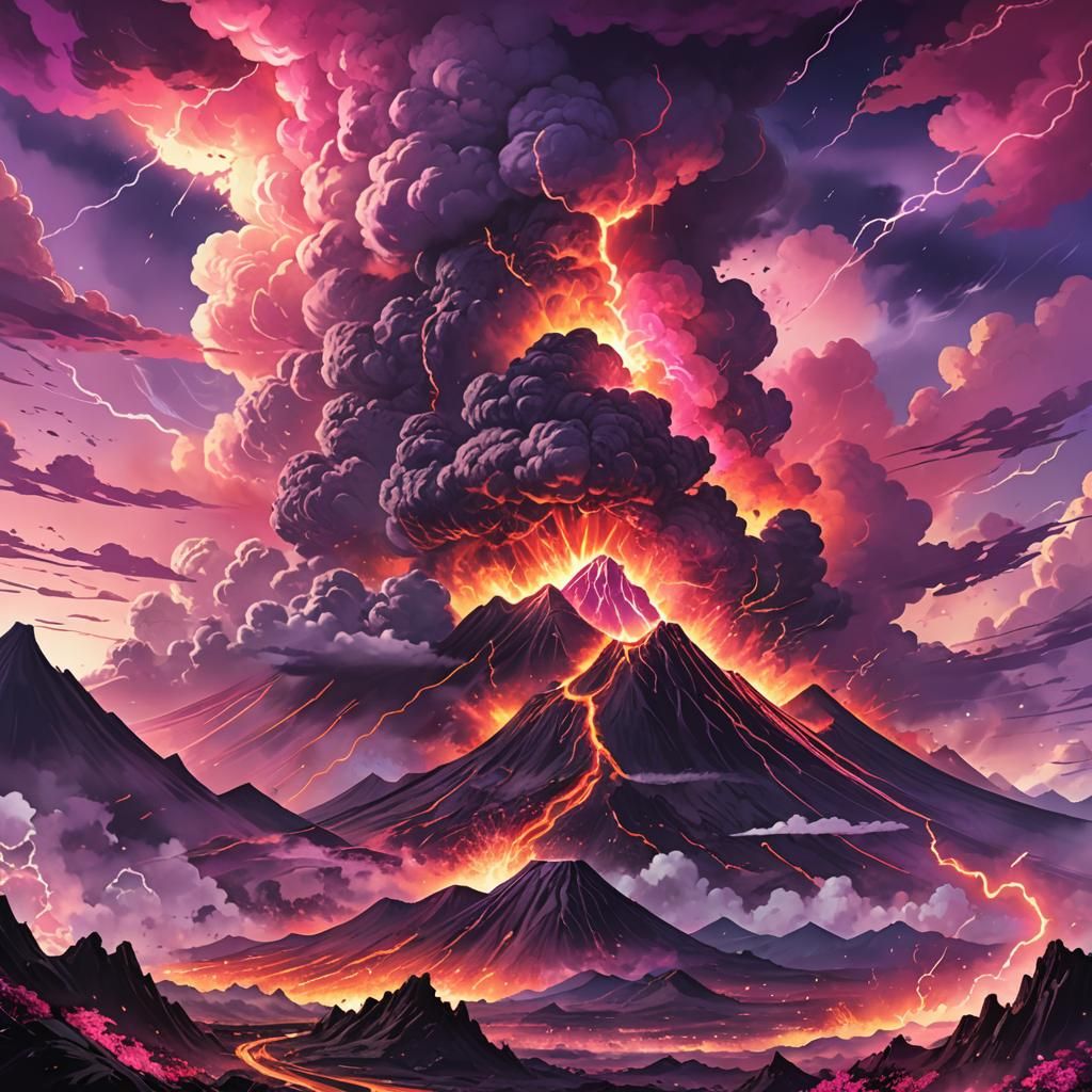 Explosive Anime Volcano Eruption in Surreal Landscape