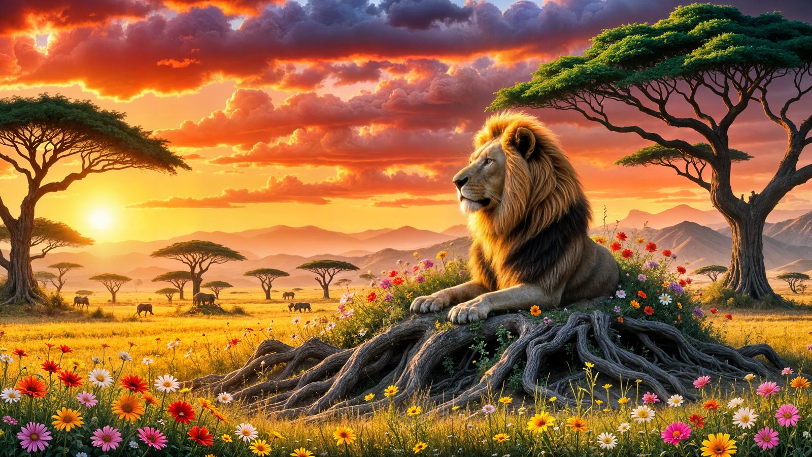 Lion King on Floral Throne in Dream Landscape