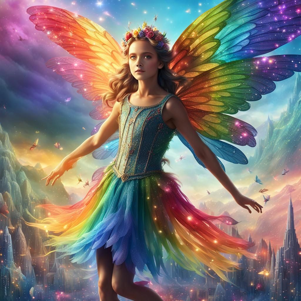 Rainbow Fairy Spreading Wings in Colorful Wonderland