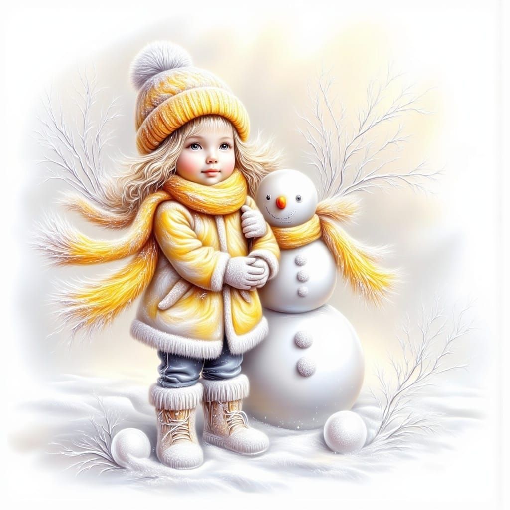Toddler Girl and Quirky Snowman in Snowy Swirls