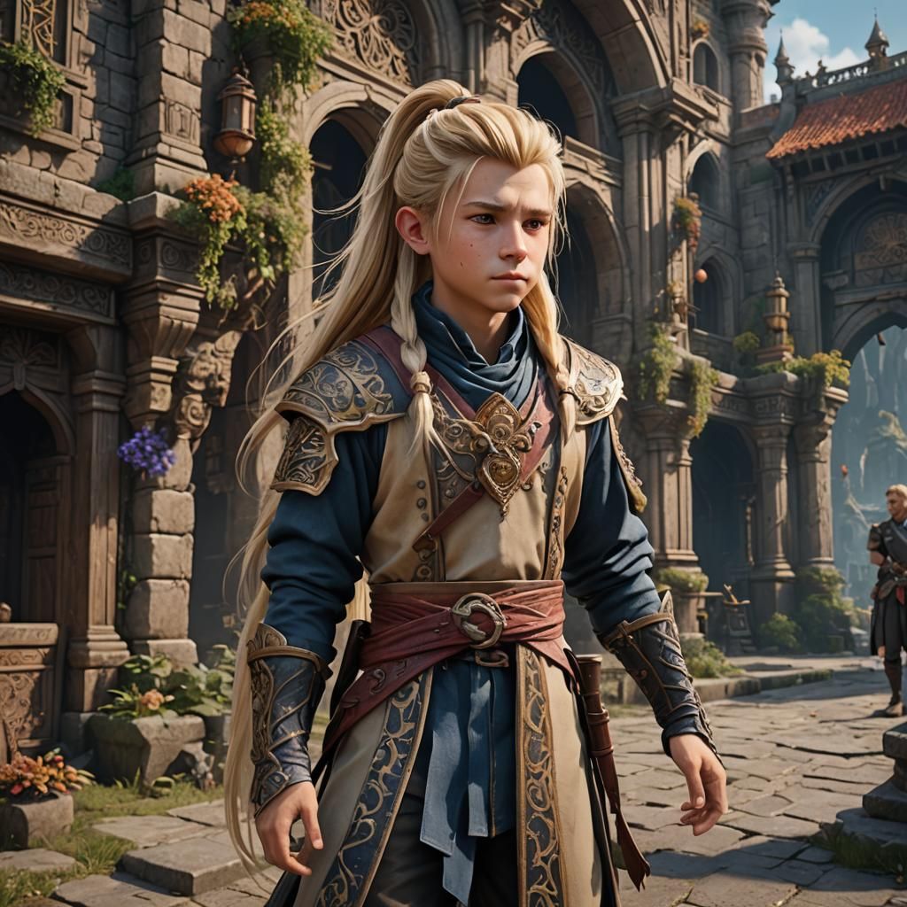 Boy with Blond Ponytail in Detailed Fantasy Art
