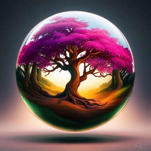 Tree in Glass Globe, Detailed Digital Art