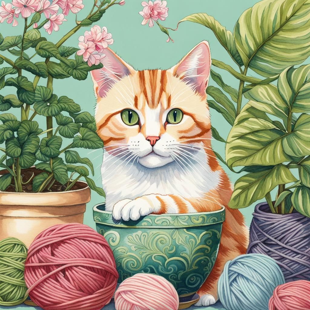 Pastel Japanese Bobtail Cat with Knitting Illustration