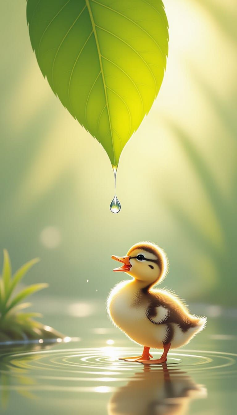Duckling Catches Water Drop on Leaf in Painterly Style
