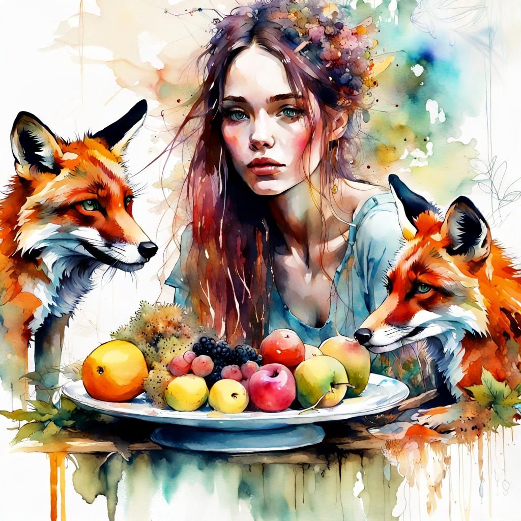 Girl's Peaceful Lunch with Foxes in Watercolor Style