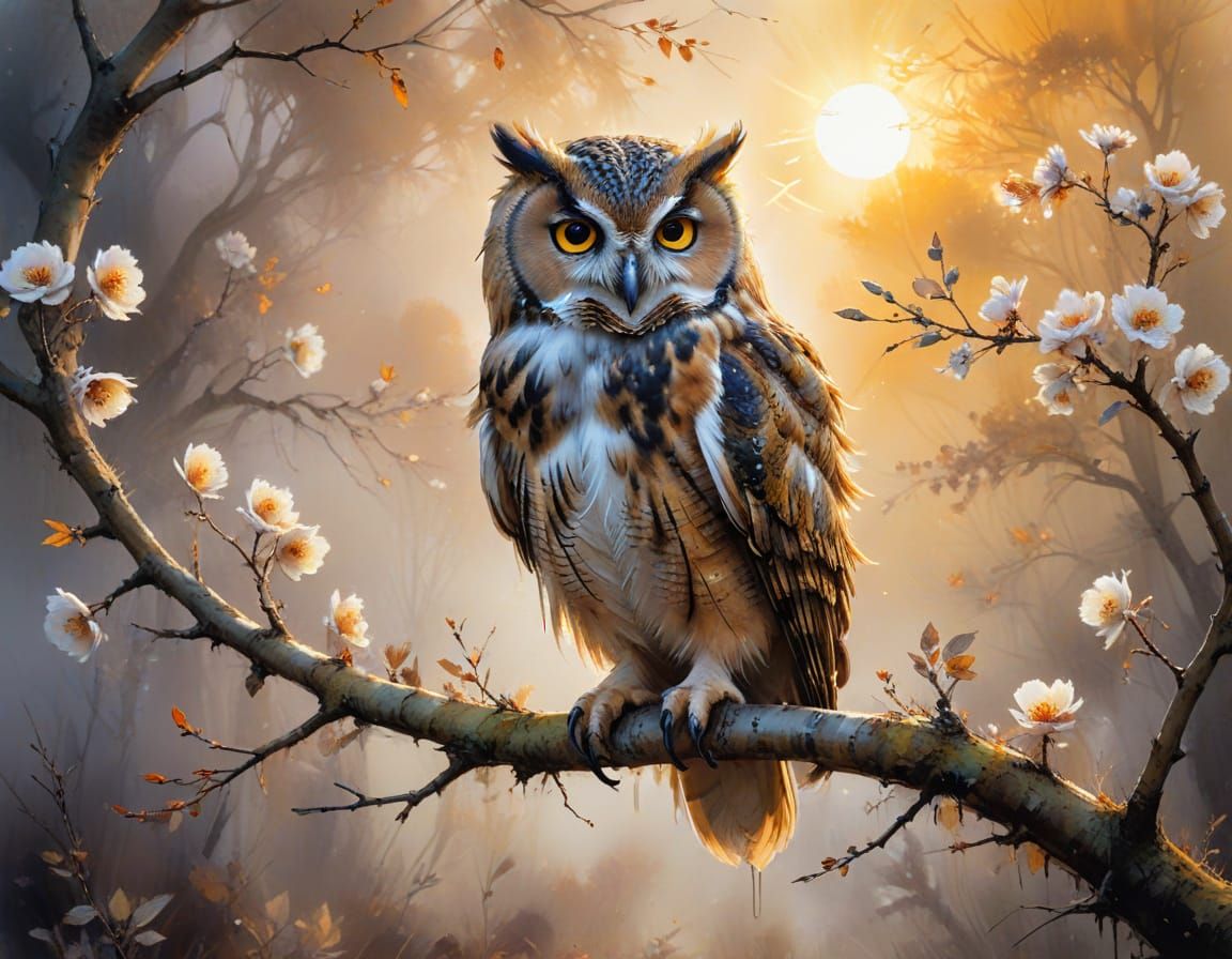 Owl in Dusky Orchard, Watercolour Style