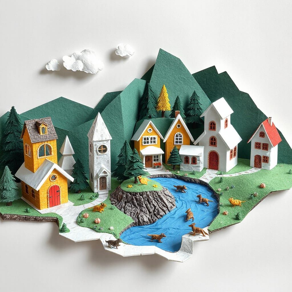 Whimsical Paper Village with Origami Houses and Paper Animal...