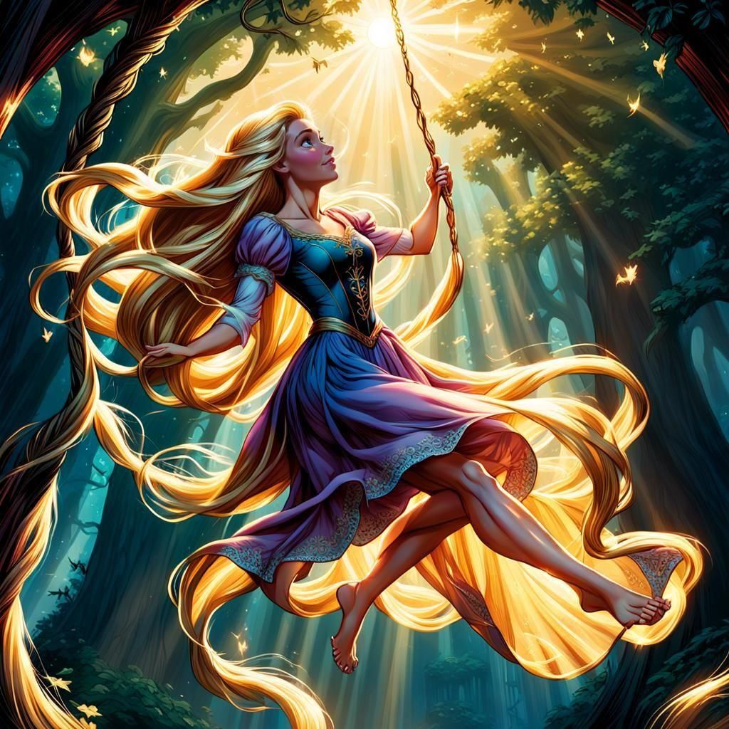 Rapunzel Swinging on Hair: Comic Book Art