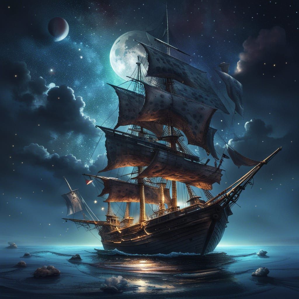 Pirate Ship Sails Starry Cosmic Sea