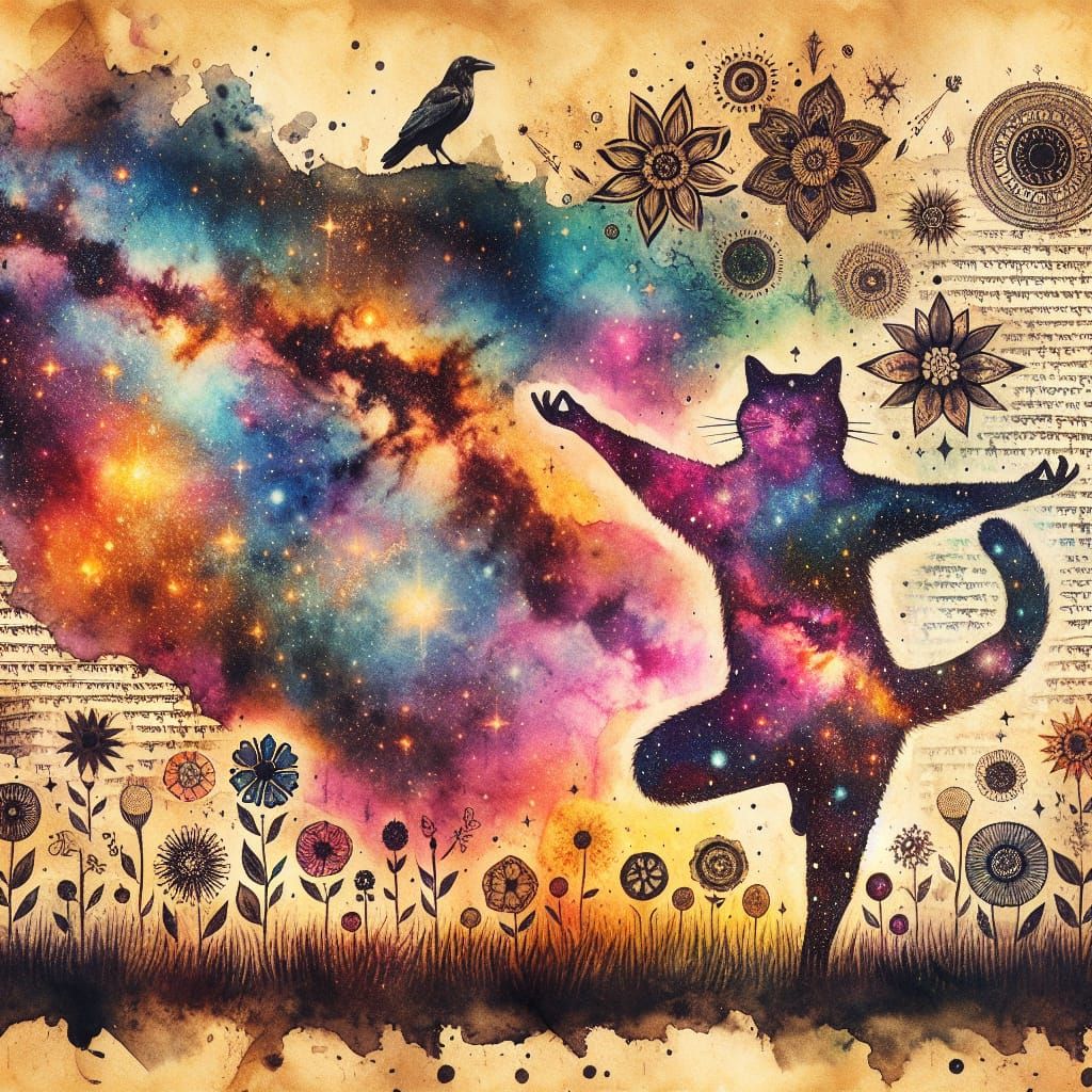 Hippie Cat Doing Yoga in Watercolor Double Exposure