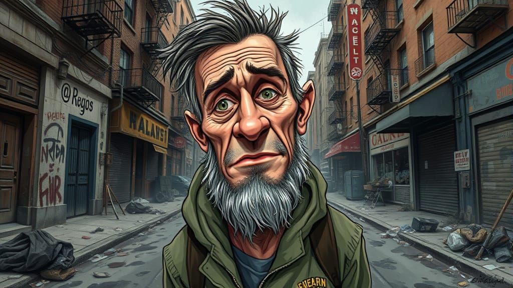 A Homeless Outcast in a Crumbling Cityscape