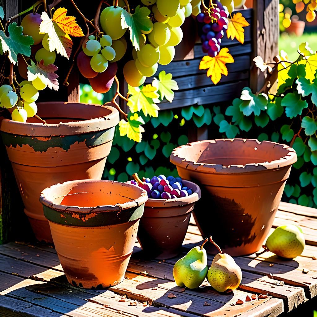 Rustic Autumn Still Life with Fruit and Clay Pots