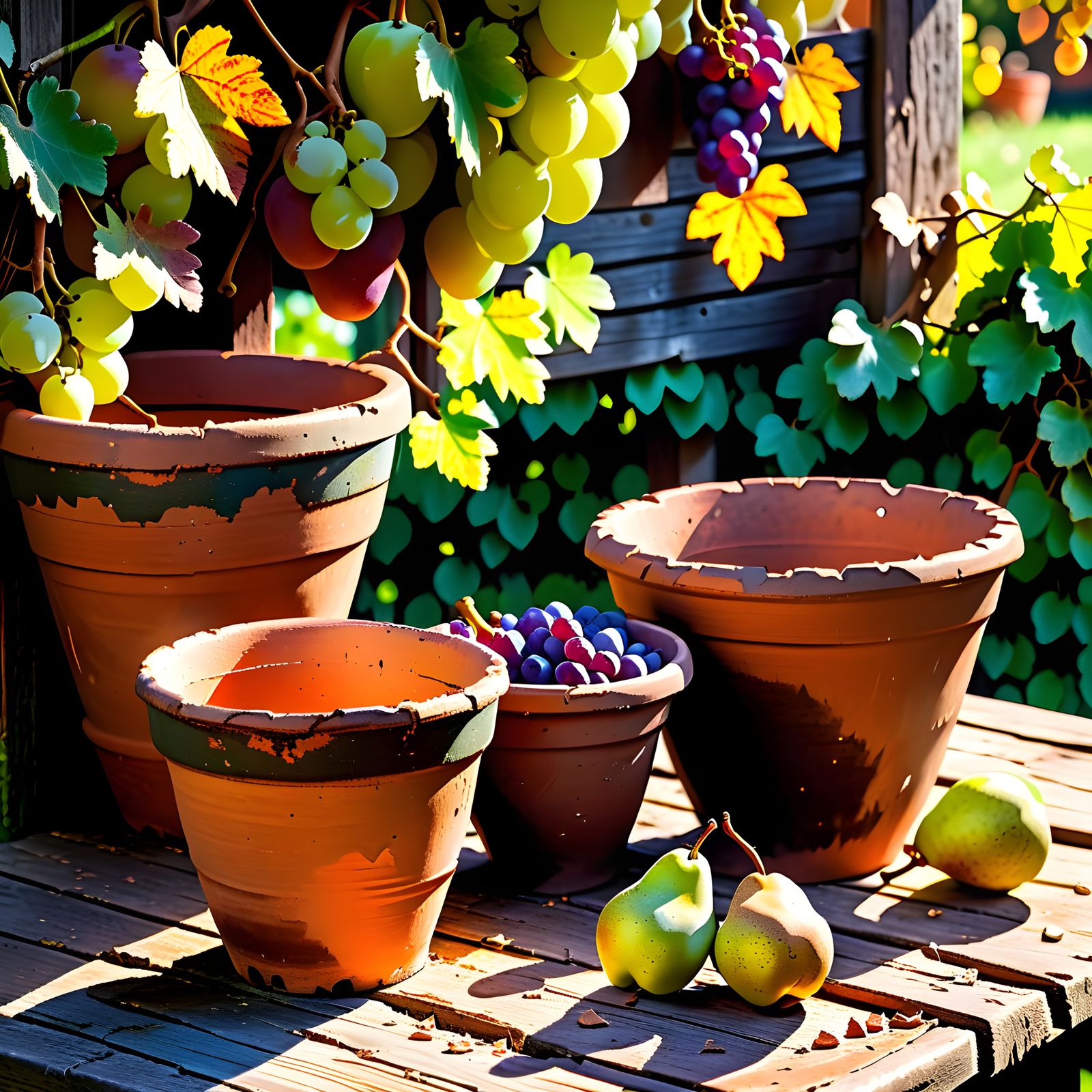 Rustic Autumn Still Life with Fruit and Clay Pots
