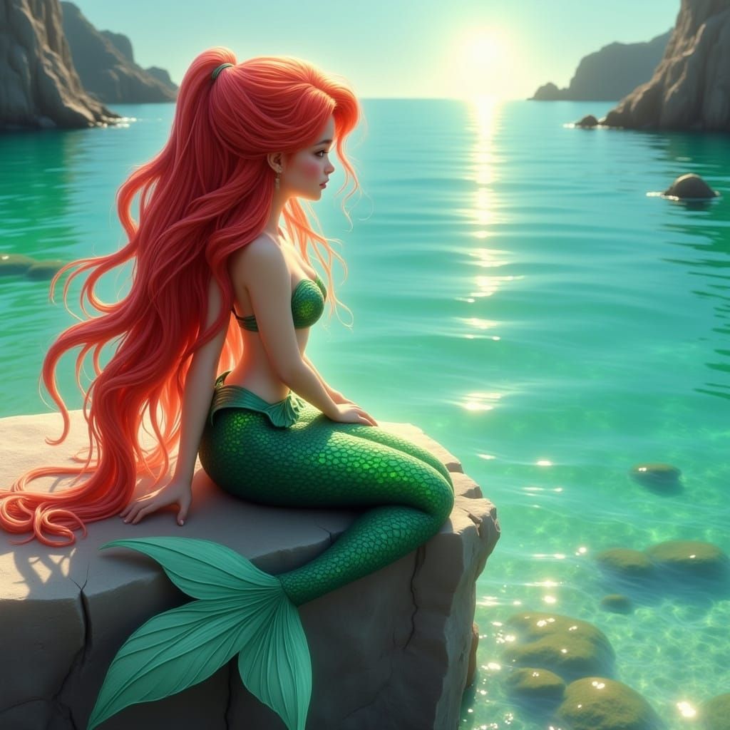 Cute Mermaid on Rocks Overlooking Turquoise Sea in Whimsical...