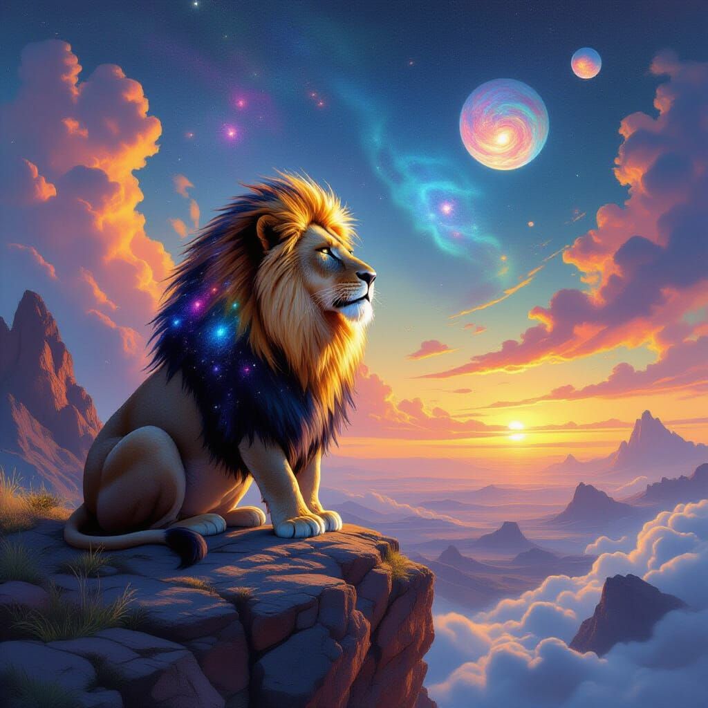 Cosmic Lion Overlooking Alien Landscape, Surrealist Style