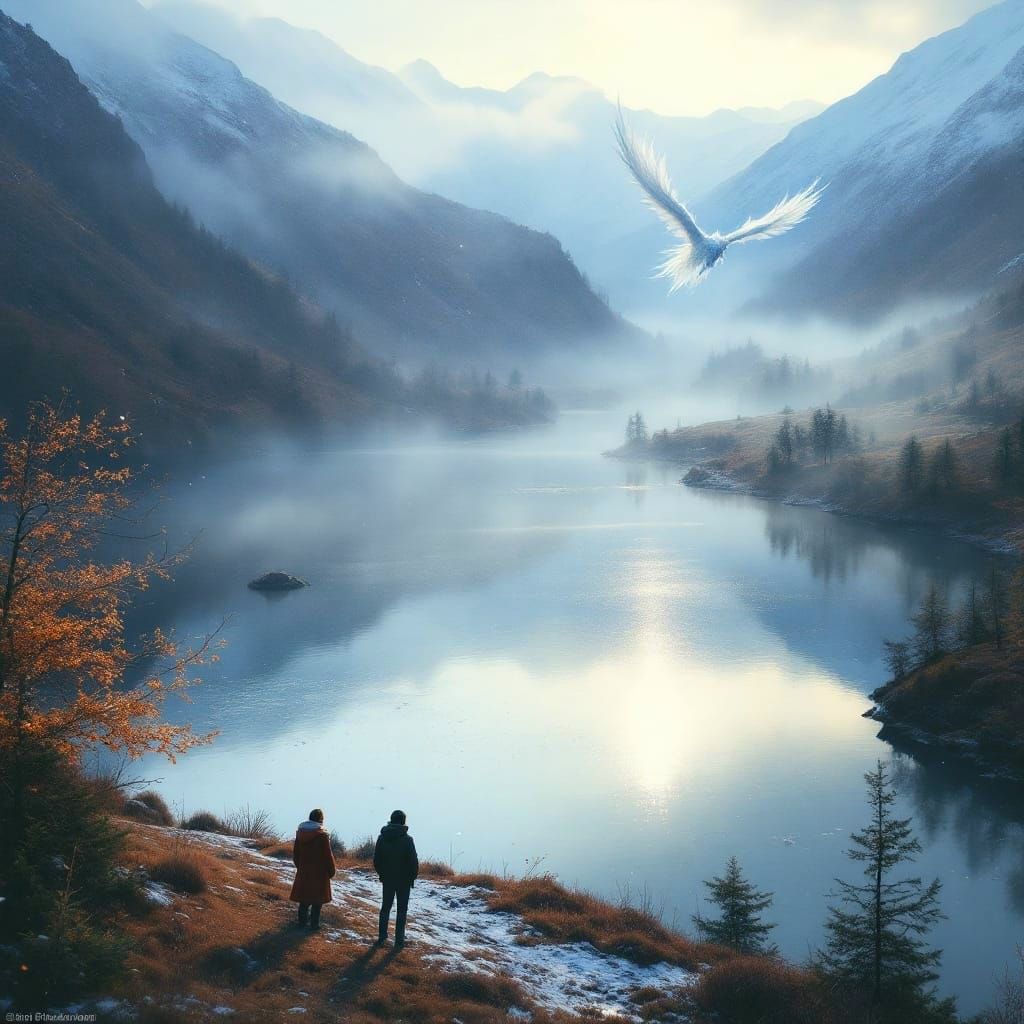 Mystical Scottish Loch Scene with Soaring Dragon