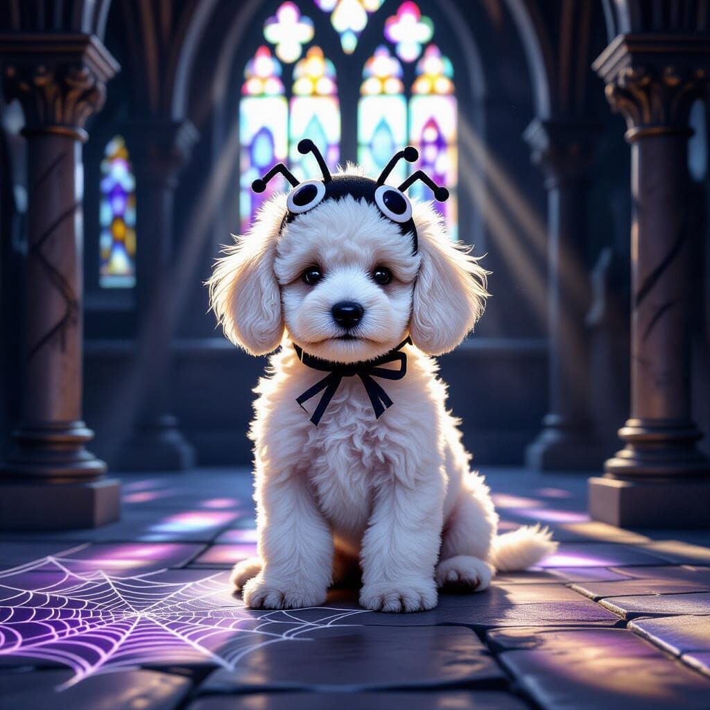White Poodle Puppy in Gothic Castle Hyperrealistic Style
