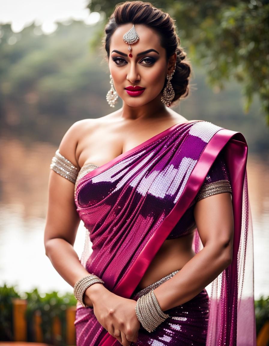 Curvy Woman in Sequined Saree in Rainy Village