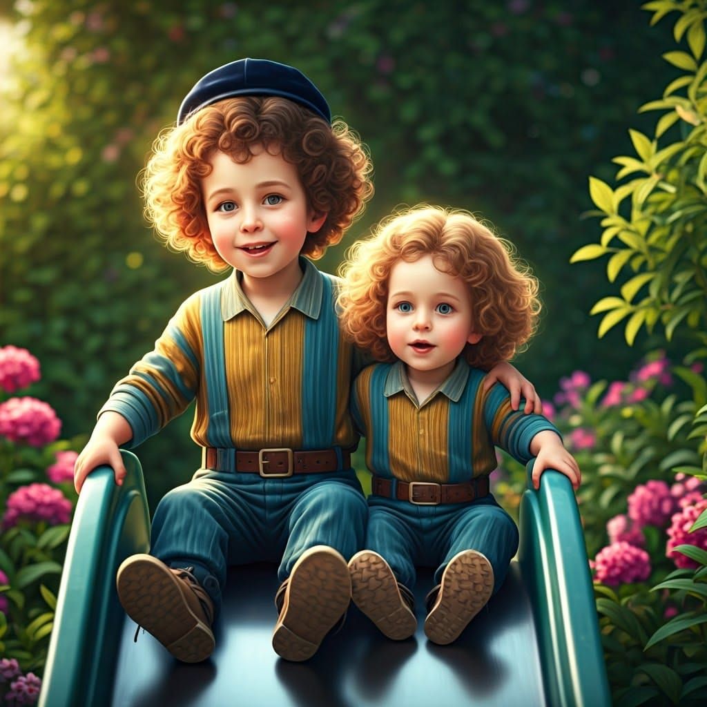 Brothers' Joyful Slide: 3D Rendered Anime-Inspired Art