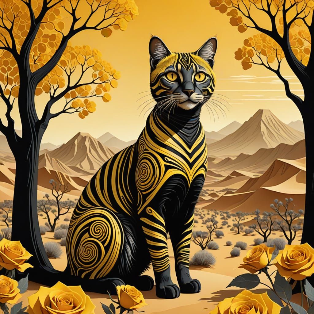 Vibrant Desert Oasis with Elegant Lady and Striped Cat