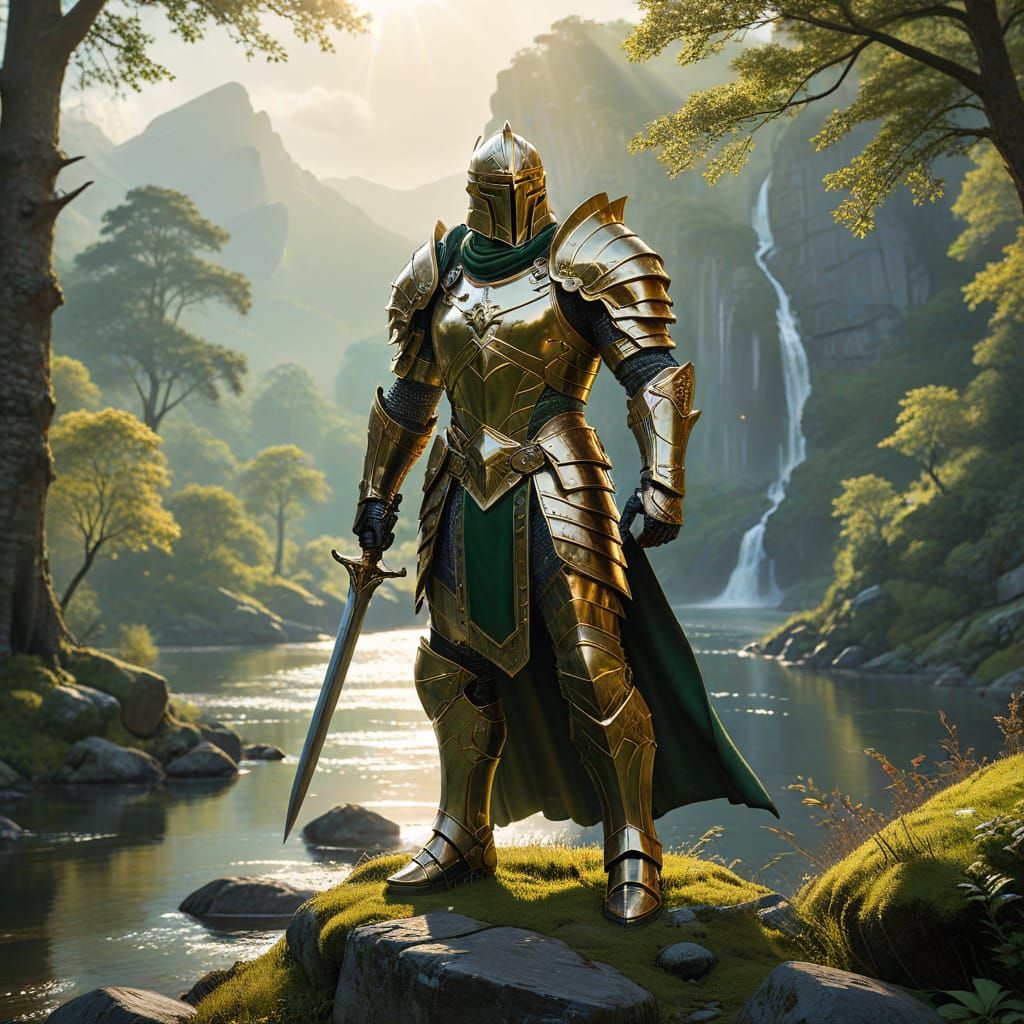 Majestic Paladin in Lush Fantasy Landscape Digital Art