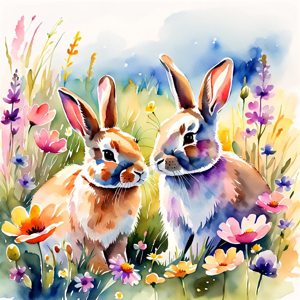Whimsical Watercolor Bunnies in a Sunny Meadow