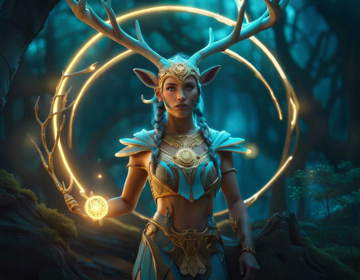Ethereal Horned Warrior in Enchanted Forest