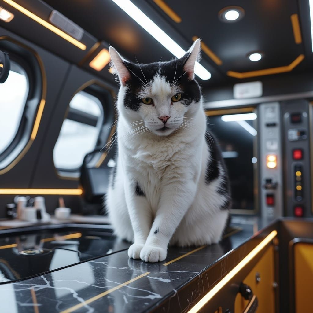 Realistic Cat in Futuristic Space Station