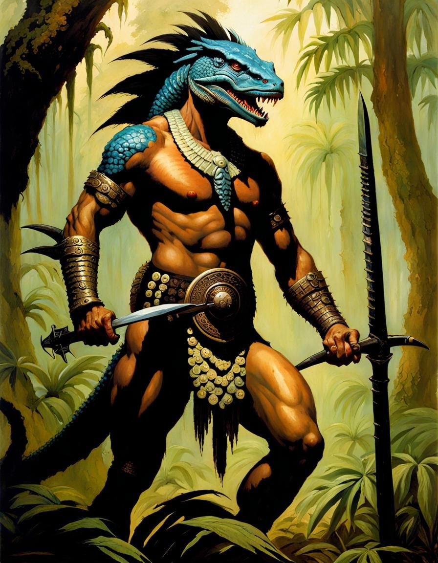 Aztec Lizardman Warrior in Dark Fantasy Style