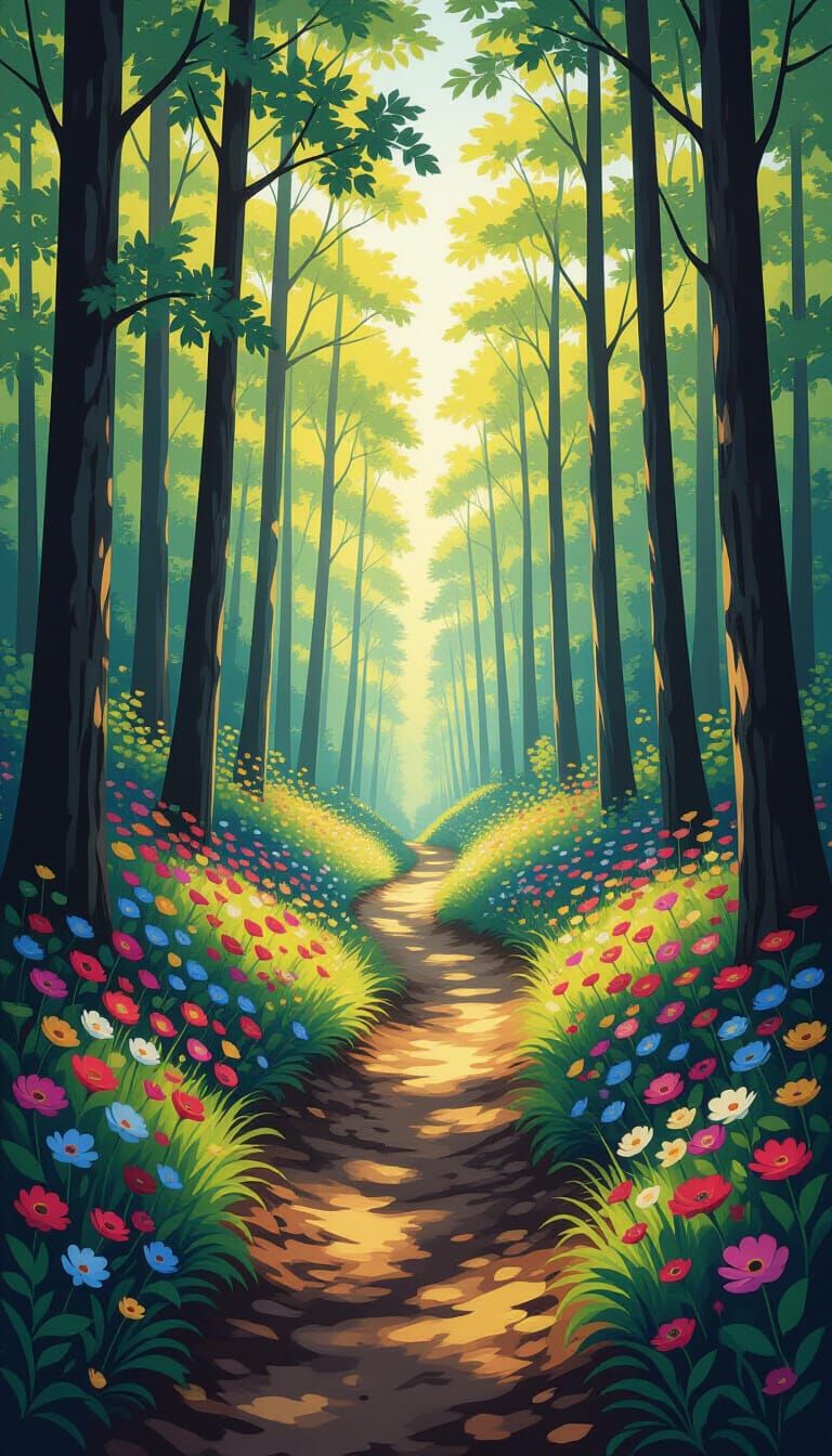 Serene Forest Trail with Vibrant Flowers, Dali-Inspired