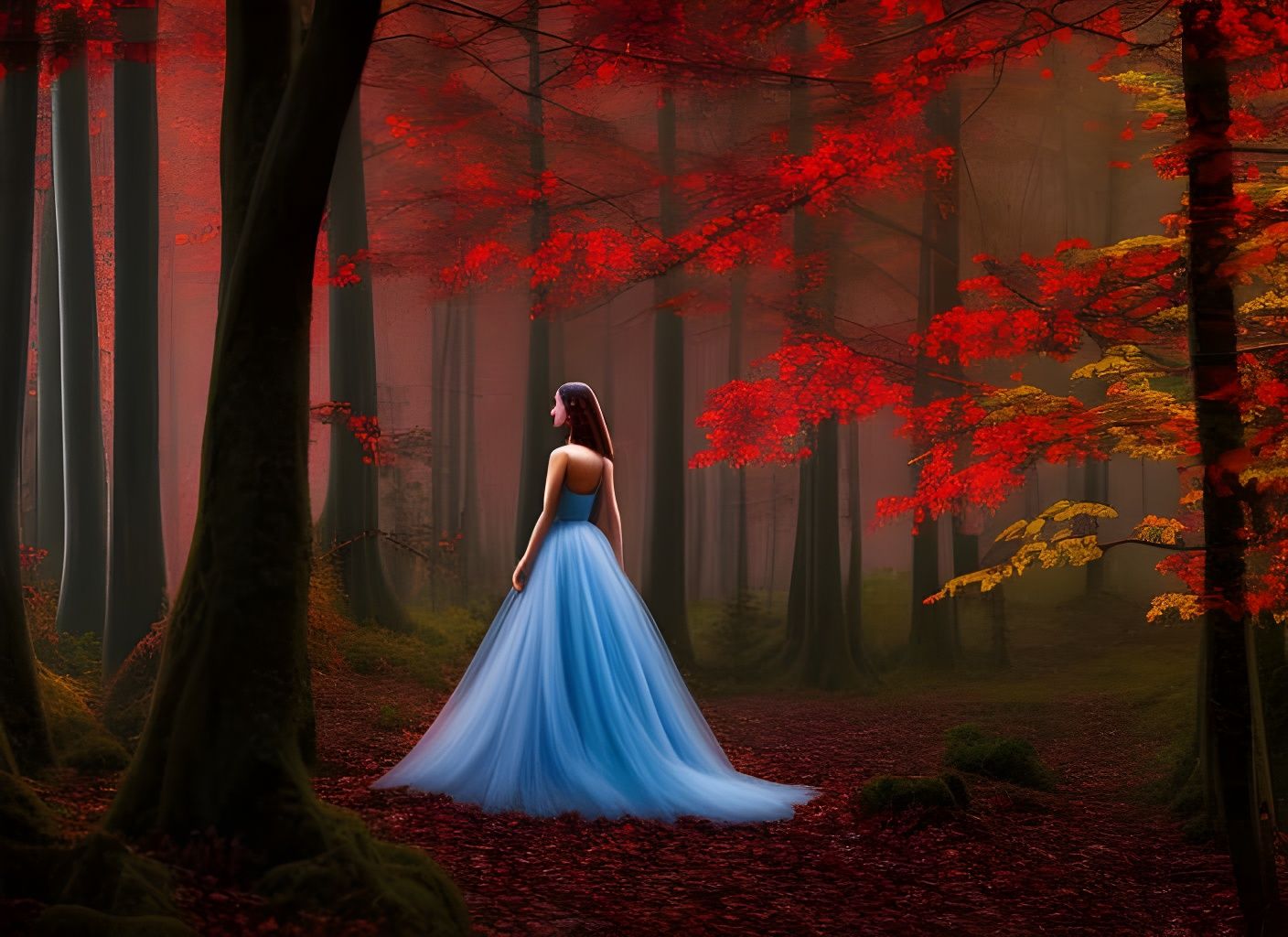Woman in Red Dress in Autumn Forest: Digital Art