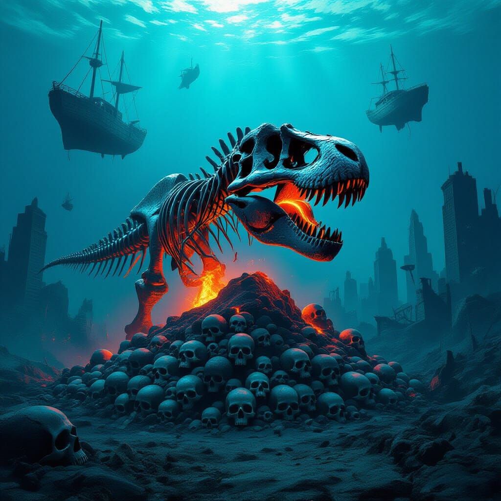 Lava T-Rex Skull in Apocalyptic Underwater City