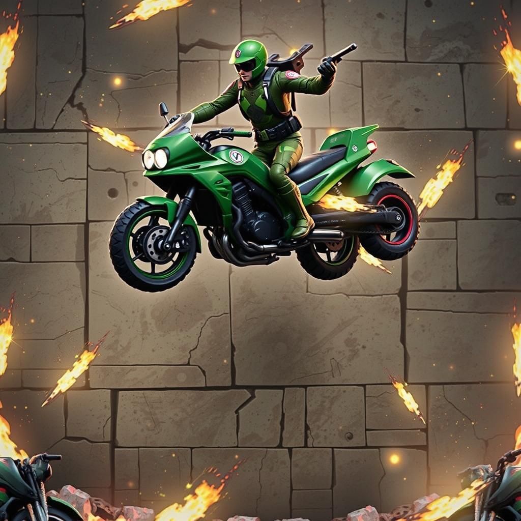 GI Joe Motorcycle Jump: Digital Art with Dynamic Lighting