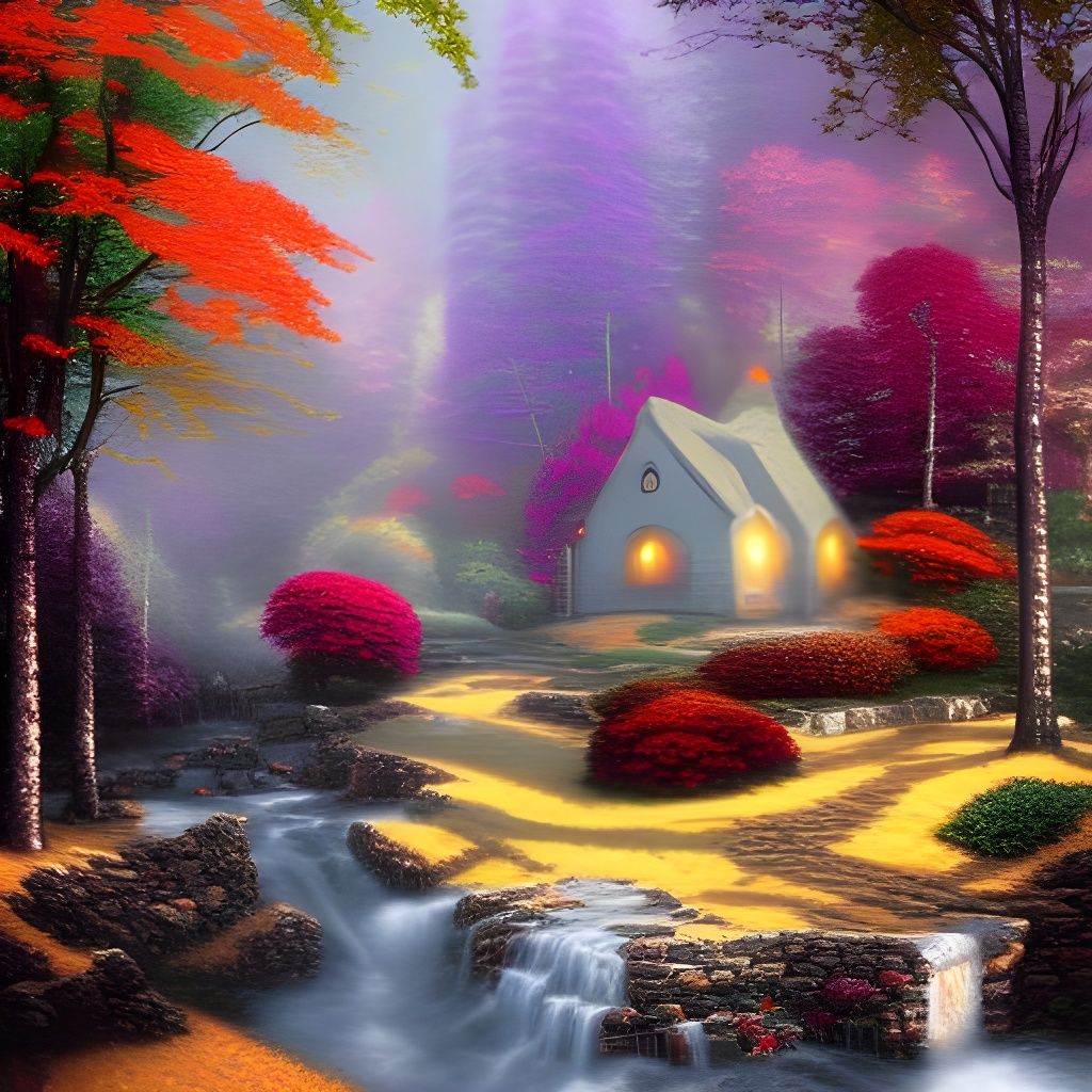 Ethereal Autumn Fantasy Landscape in Kinkade Style