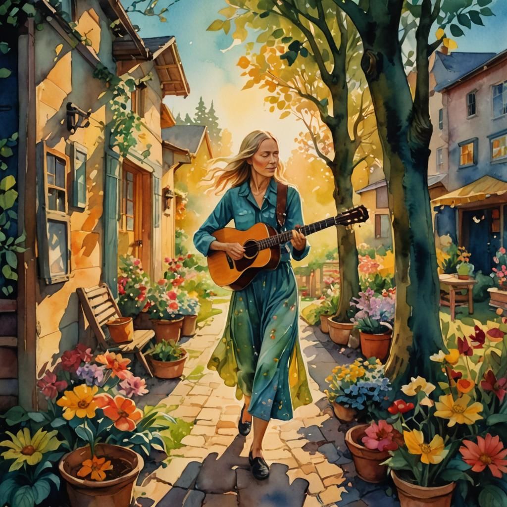 Joni Mitchell in Eden: Whimsical Watercolor Illustration