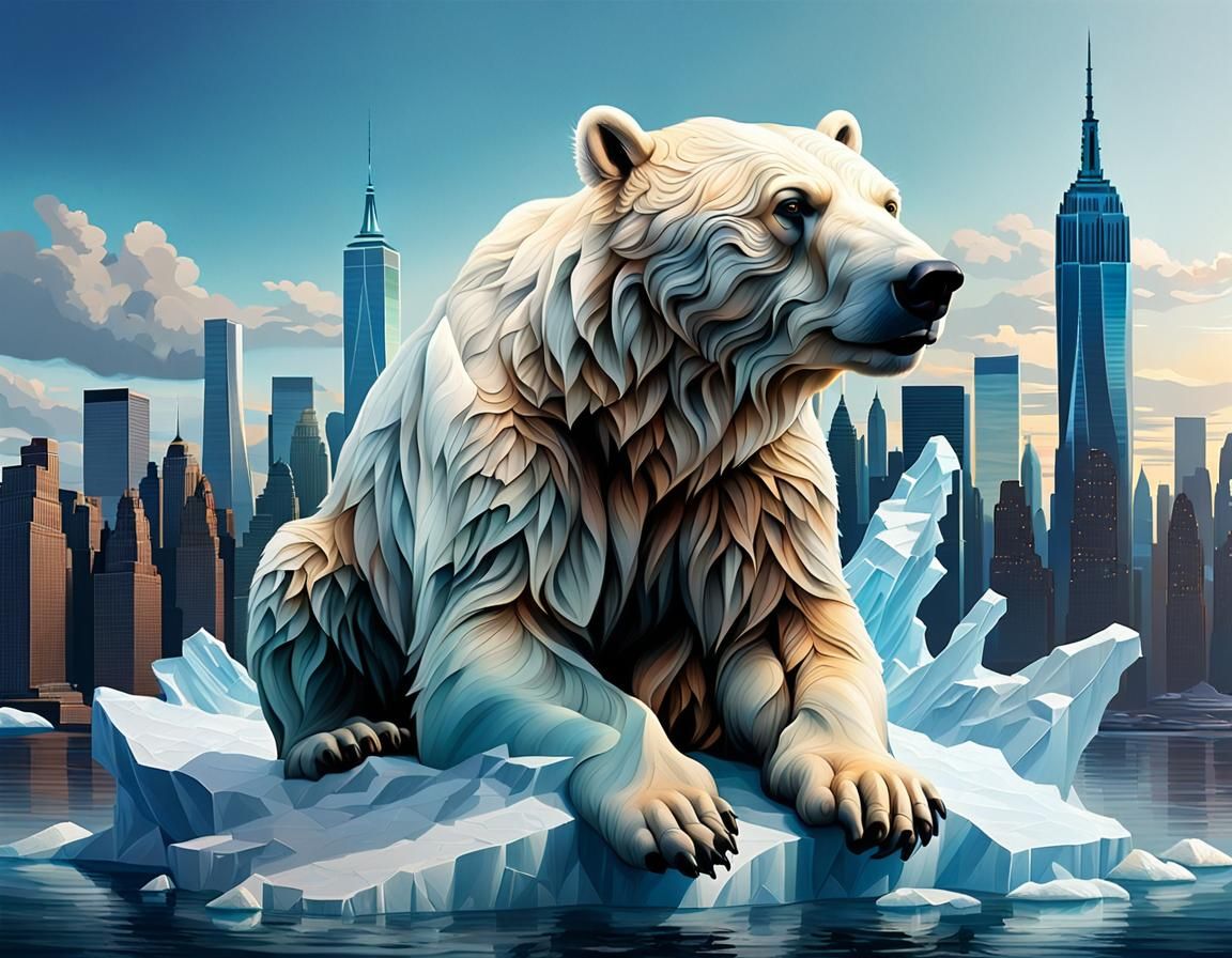 Polar Bear on Iceberg in New York: Hyperrealistic Splash Art