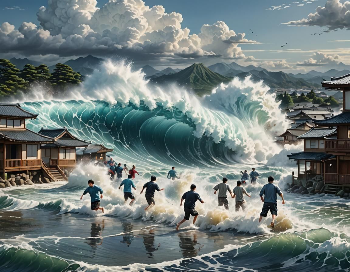Tsunami Wave Crashes Towards Japanese Village: Splash Art