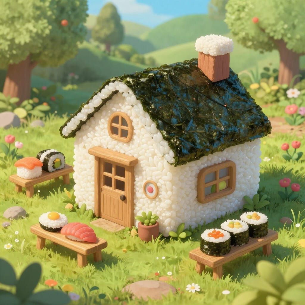 Whimsical Sushi House in Dreamlike Children's Book Style