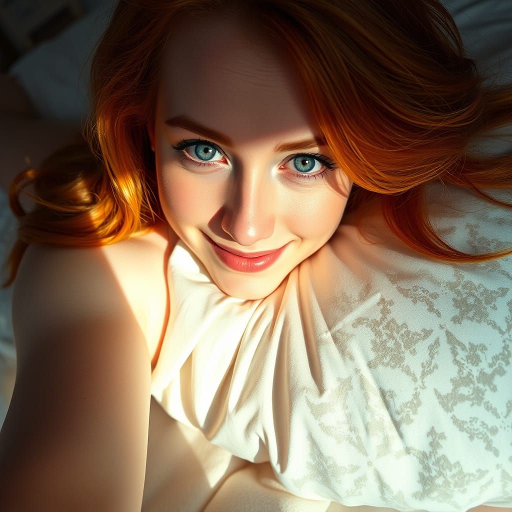 Close-Up Selfie of Woman with Ginger Hair in Dramatic Bedroo...