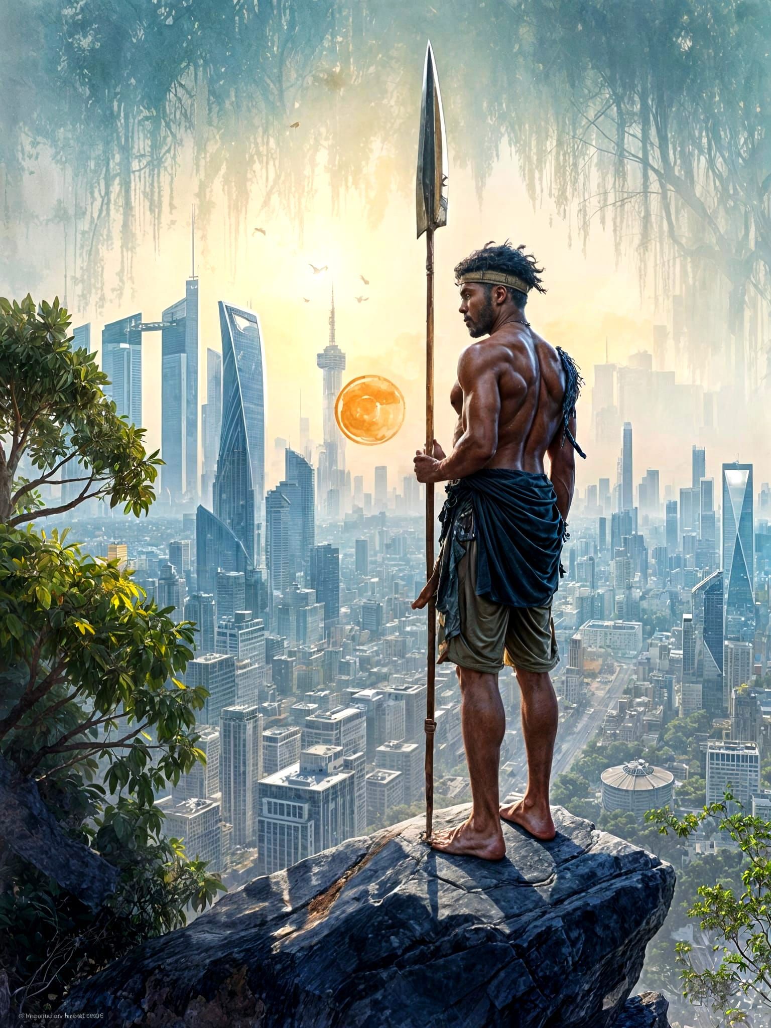 Aboriginal Man Contemplates Modern City in Watercolour