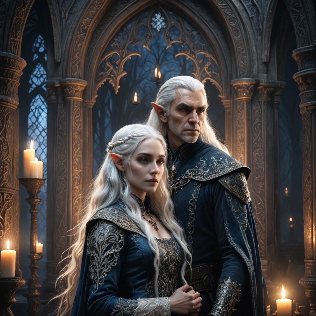 Gothic Fantasy Elf Embracing Woman: Digital Art