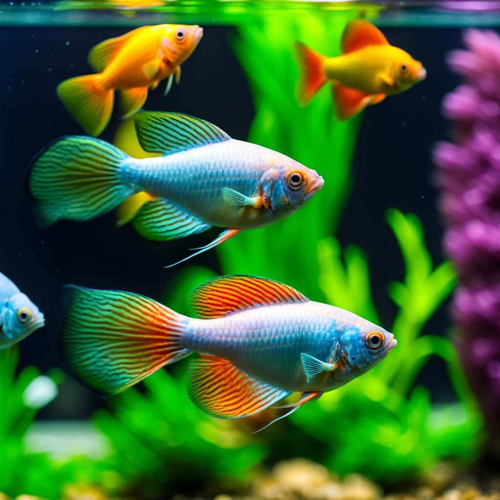 Colorful Gouramis in Aquarium with Guppies